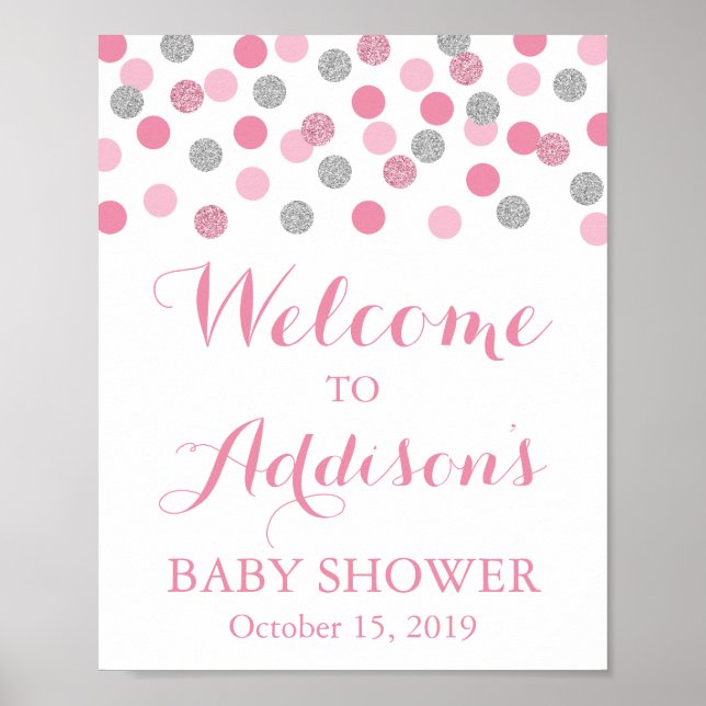 Pink und Silver Baby Dusche Begrüßungszeichen Plak Poster (Vorne)