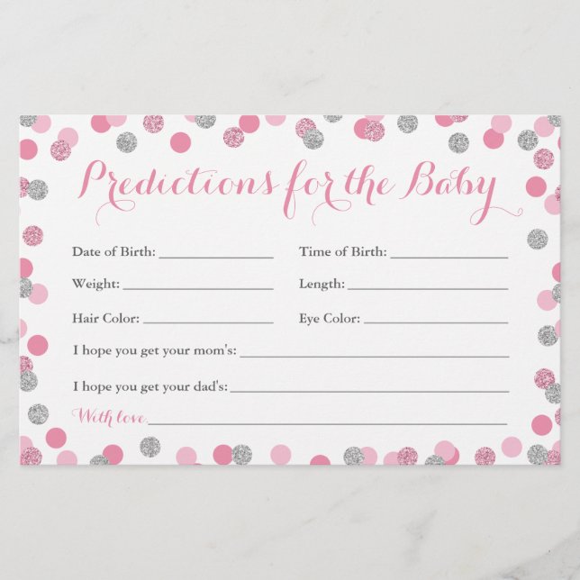 Pink und Silver Baby Predictions Cards für Baby (Vorderseite)