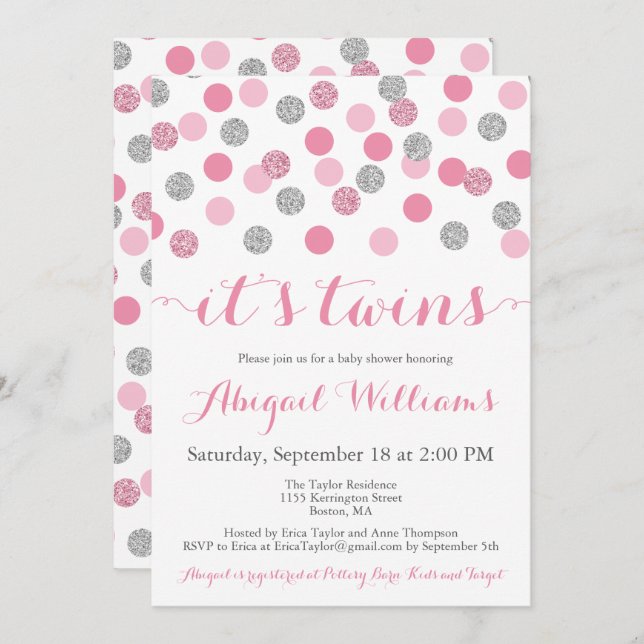 Pink und Silver Glitzer Twins Baby Dusche lädt ein Einladung (Vorne/Hinten)