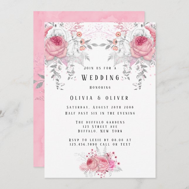 Pink und Silver Peony Florals Hochzeit Einladung (Vorne/Hinten)