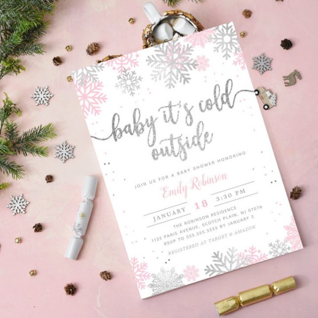 Pink und Silver Snowflake Winter Girl Babydusche Einladung (Von Creator hochgeladen)
