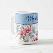 Pink und Sky Blue Floral und Polka Dots Tasse