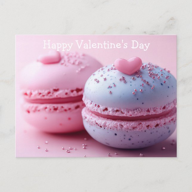 Pink und Violete Macarones mit Herzen Valentinstag Postkarte (Vorderseite)