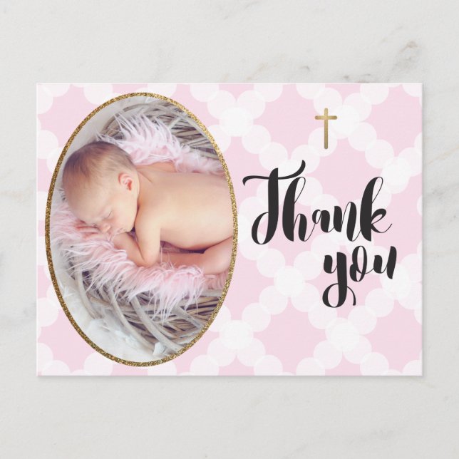 Pink und weiß Baby Girl Baptisc Danke Postkarte (Vorderseite)