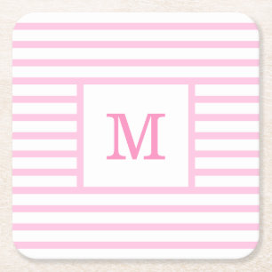 Pink und weiße Streifen für Baby-Monogramm Rechteckiger Pappuntersetzer