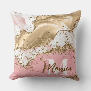 Pink- und Weißstein und Gold-Glitter-Achat-Monogra Kissen