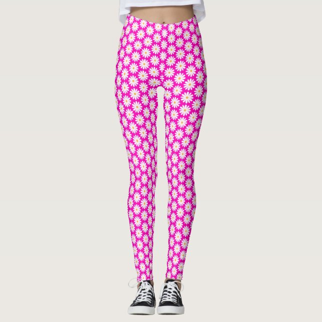 Pink und White Daisy Blume Muster Leggings (Vorderseite)