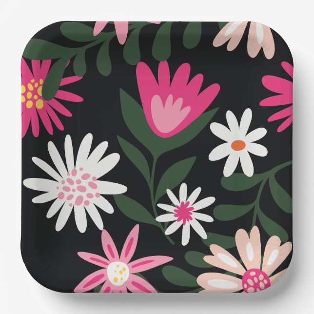 Pink und White Daisy Muster Pappteller (Vorderseite)