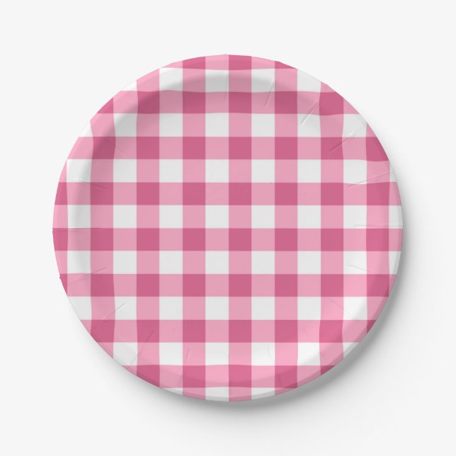 Pink und White Gingham Karo Pappteller (Vorderseite)