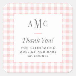Pink und White Gingham Monogram Vielen Dank Quadratischer Aufkleber