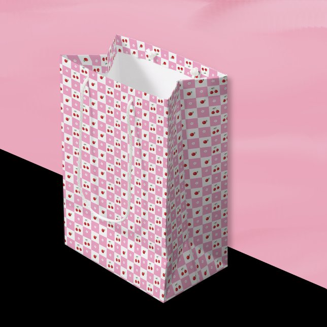Pink und White Gingham Pattern Kirschen Geschenkta Mittlere Geschenktüte (Cute pink and white cherry theme gift bag . )