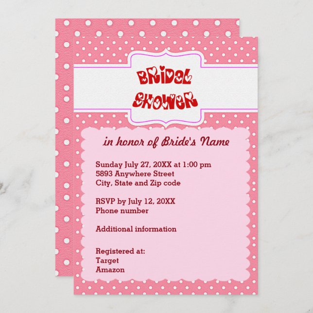 Pink und White Polka Dots Herzkarte Brautparty Einladung (Vorne/Hinten)
