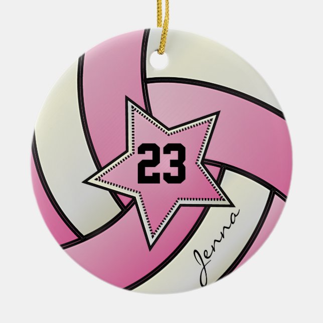 Pink und White Star Volleyball Keramik Ornament (Vorne)