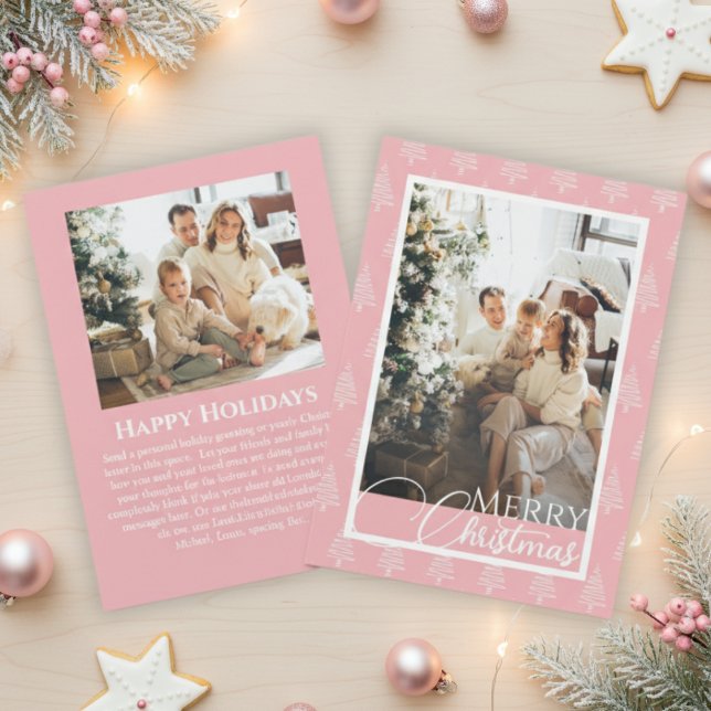 Pink und White Tree Muster Foto Weihnachten (Pink And White Tree Pattern Photo Christmas Holiday Card)