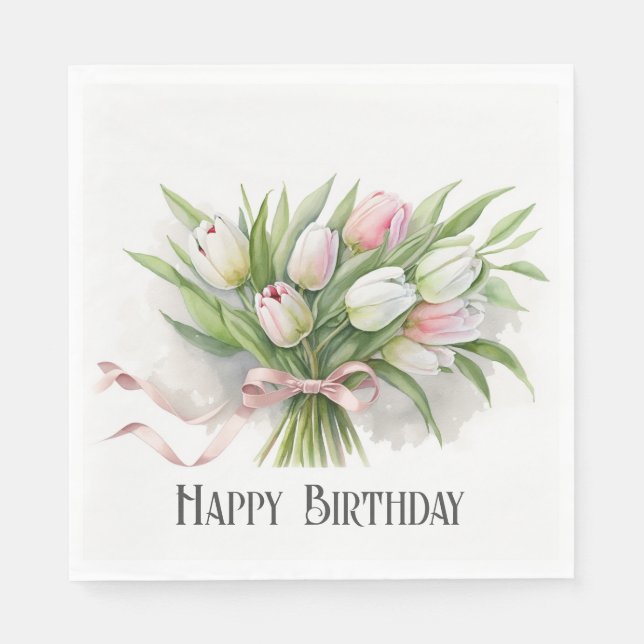 Pink und White Tulip Birthday Bouquet Serviette (Vorderseite)