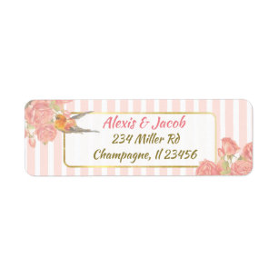 =Pink und White Vintag Bird Return Labels