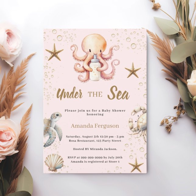 Pink under the sea ocean animals girl Baby Shower Einladung (Von Creator hochgeladen)