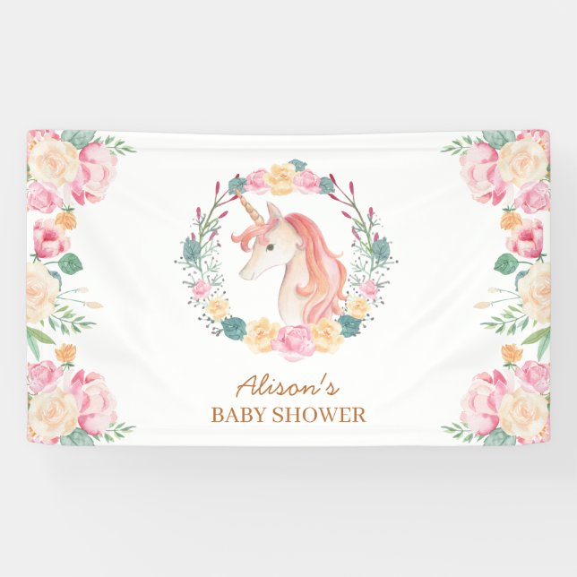 Pink Unicorn Blumengrün Babydusche Hintergrund Banner (Horizontal)