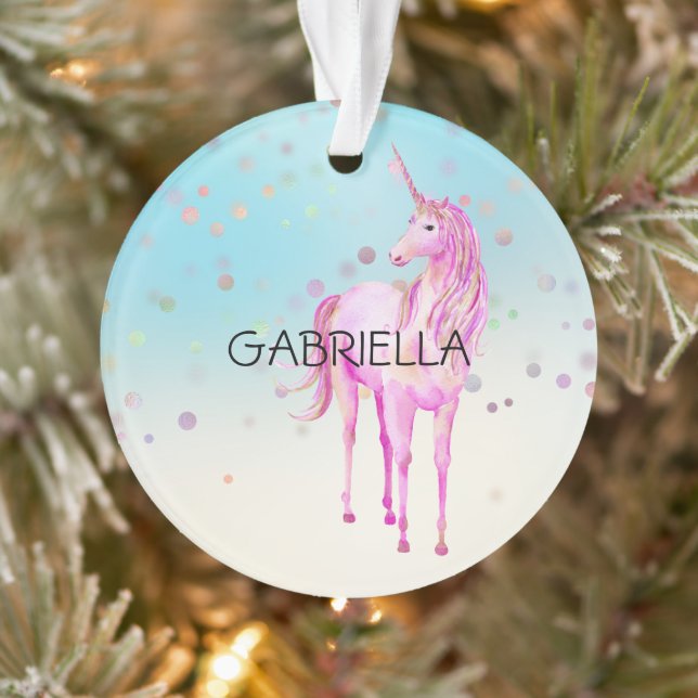 Pink Unicorn Confetti Personalisierter Name Ornament (Baum)