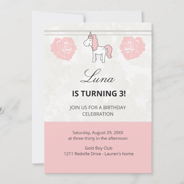 Pink Unicorn Floral Birthday Party Invitation Einladung (Vorderseite)