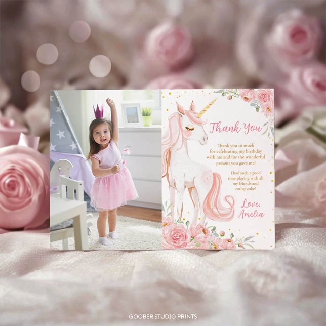 Pink Unicorn Floral Birthday Party Photo Dankeskarte (Von Creator hochgeladen)