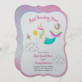 Pink UNICORN MERMAID Invitations Metallic Card Einladung