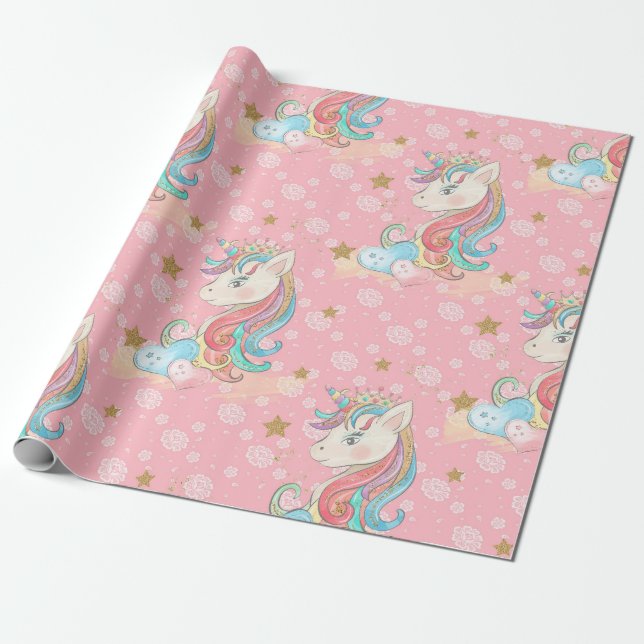 Pink Unicorn Muster Geschenkpapier (Ungerollt)