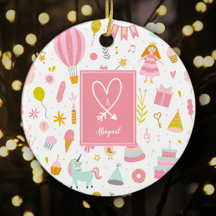 Pink Unicorn Party Muster Monogram Girl Weihnachte Keramik Ornament