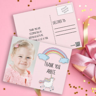 Pink Unicorn / Rainbow Birthday Foto Vielen Dank Postkarte