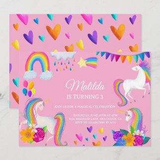 Pink Unicorn Rainbow Colorful Birthday Invitation Einladung