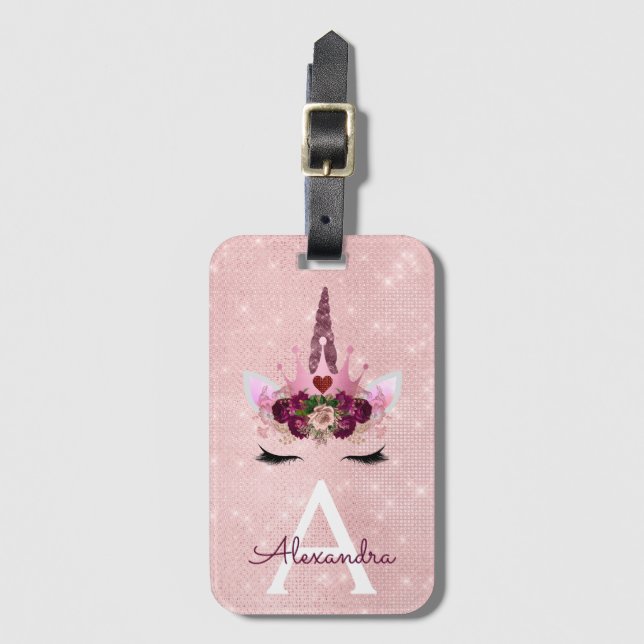 Pink Unicorn Sparkle Princess Monogram Name Gepäckanhänger (Vorderseite Vertikal)