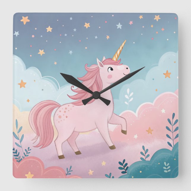 Pink Unicorn with Golden Horn – Pastel Clouds  Quadratische Wanduhr (Vorderseite)