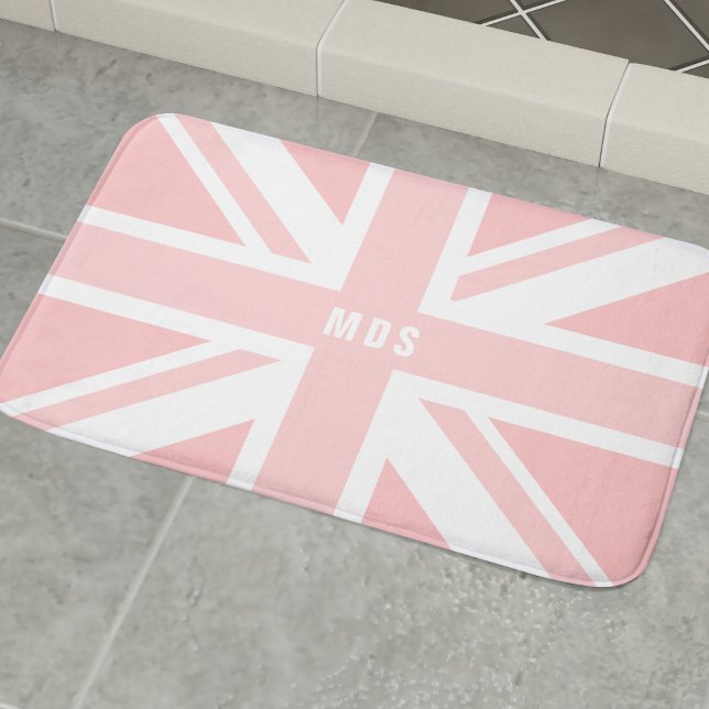 Pink Union Jack UK Flag Monogram Bath Mat Badematte (Long live bubble baths! Add your initials or name to this cute pink UK flag bath mat)