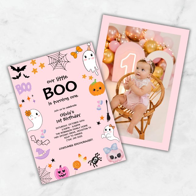 Pink Unser kleines Boo Foto Halloween 1. Geburtsta Einladung (Pink Our Little Boo Photo Halloween 1st Birthday Invitation )