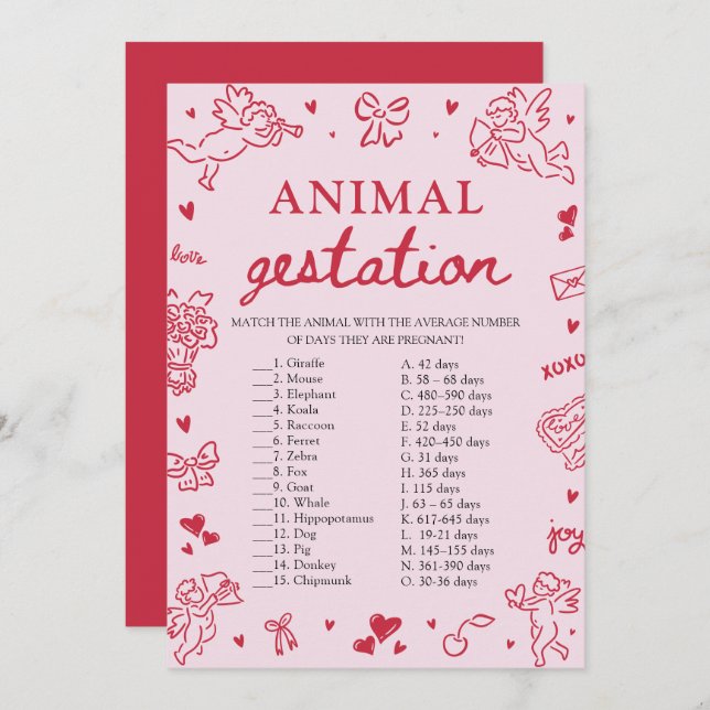 Pink Valentine Animal Gestation Baby Shower Game Einladung (Vorne/Hinten)