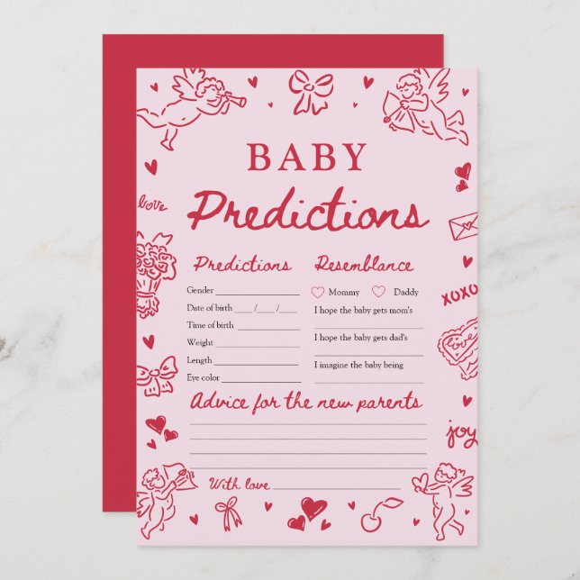 Pink Valentine Baby Predictions Baby Shower Game Einladung (Vorne/Hinten)