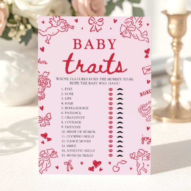 Pink Valentine Baby Traits Baby Shower Game Einladung (Pink Valentine Baby Traits Baby Shower Game)