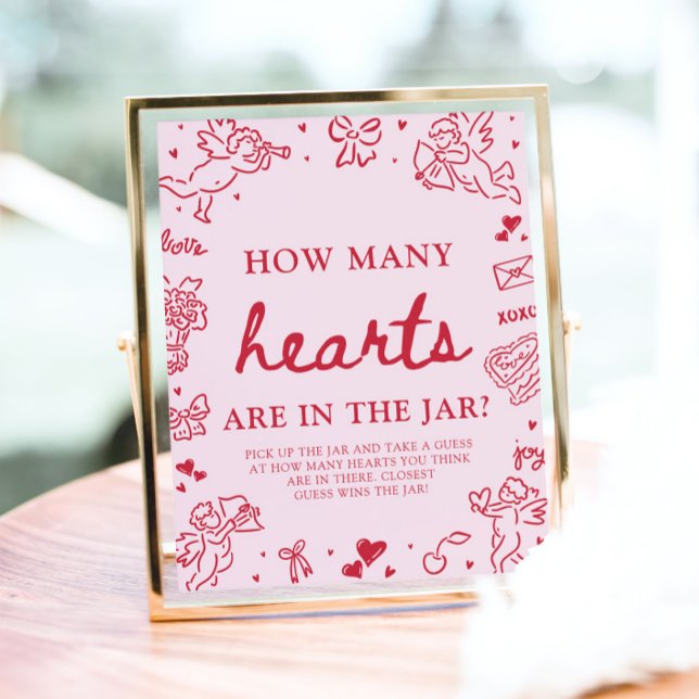 Pink Valentine Guess How Many Hearts Baby Shower  Poster (Pink Valentine Guess How Many Hearts Baby Shower Game Sign)
