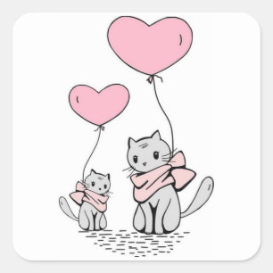 PINK VALENTINE HERZBALLOONS MIT GRAUEN KITTEN QUADRATISCHER AUFKLEBER