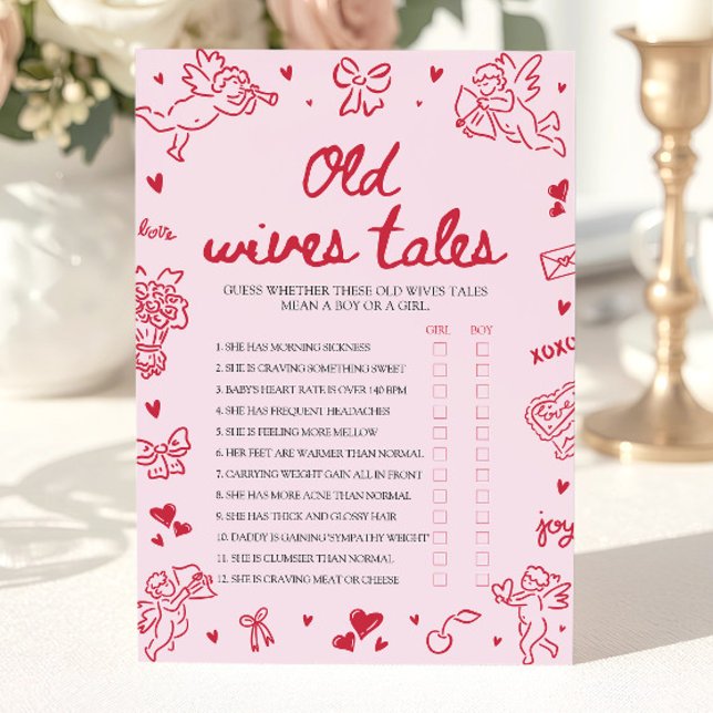 Pink Valentine Old Wives Tales Baby Shower Game Einladung (Pink Valentine Old Wives Tales Baby Shower Game)