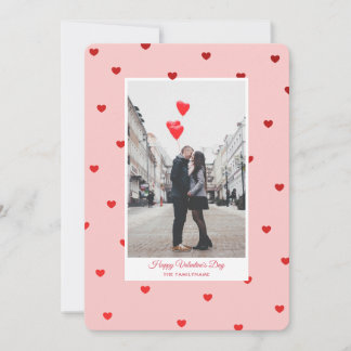 Pink Valentine’s Day photo card with red hearts Einladung