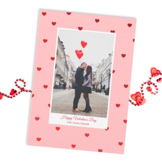 Pink Valentine’s Day photo card with red hearts Postkarte (A Valentine's Day Postcard to send your love with a tiny pinch of vintage romance)