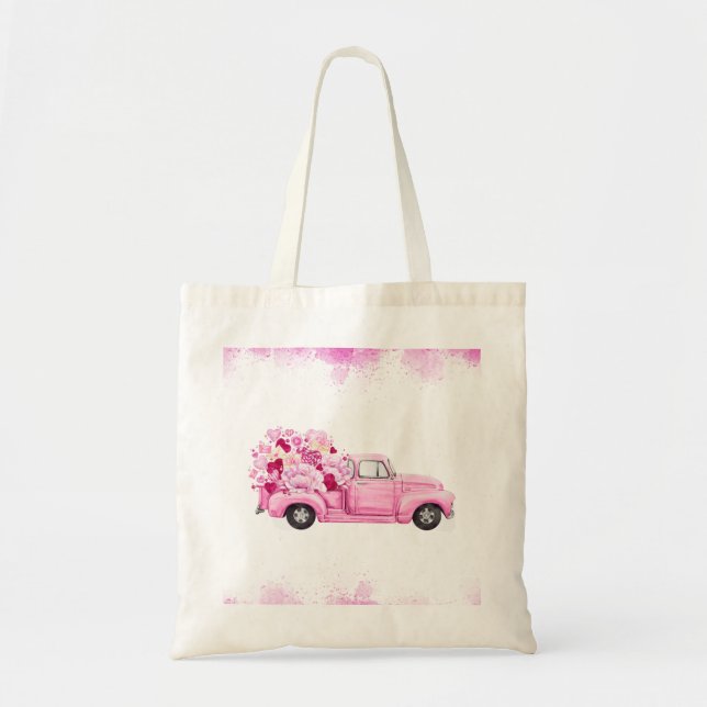 Pink Valentine Truck Watercolor Art Tragetasche (Vorne)