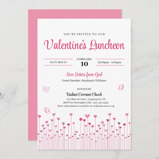 Pink Valentine's Church Luncheon Heart Flowers Einladung (Vorne/Hinten)