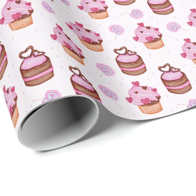 Pink Valentinstag Cupcake Geschenkpapier (Rolleneckpunkt)