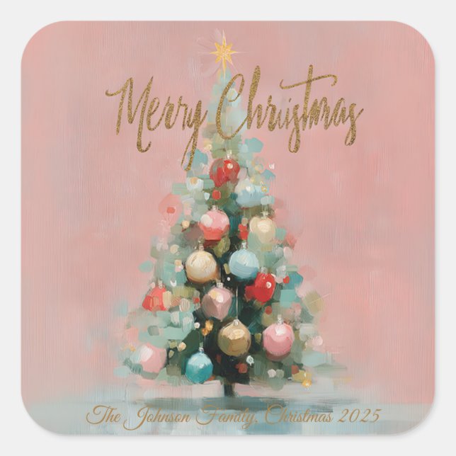 Pink Velvet Christmas Tree Foil Holiday Postcard Quadratischer Aufkleber (Vorderseite)