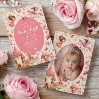 Pink verzauberte Waldfee zum ersten Geburtstag Fot Einladung