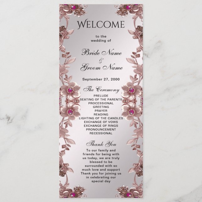 Pink Verziert Floral Wedding Program Programm (Vorderseite)