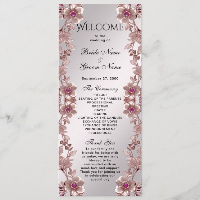 Pink Verziert Floral Wedding Program Programm (Vorderseite)