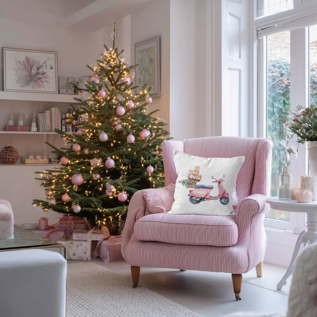 Pink Vespa Weihnachtsreise Kissen (Pink Vespa Christmas shopping trip pillow )